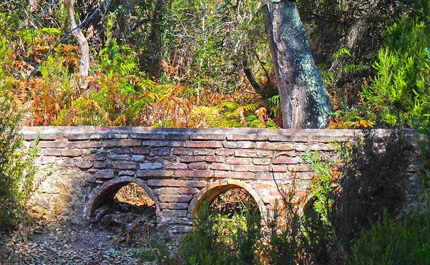 Petit aqüeducte de maó al mig del bosc. Itinerari de l'aigua a Can Vilallonga