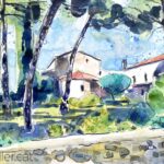 Aquarel·la amb una vista de l'absis de l'església de Sant Jaume.