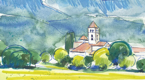 Aquarel·la amb una panoràmica de l'església de Sant Vicenç.