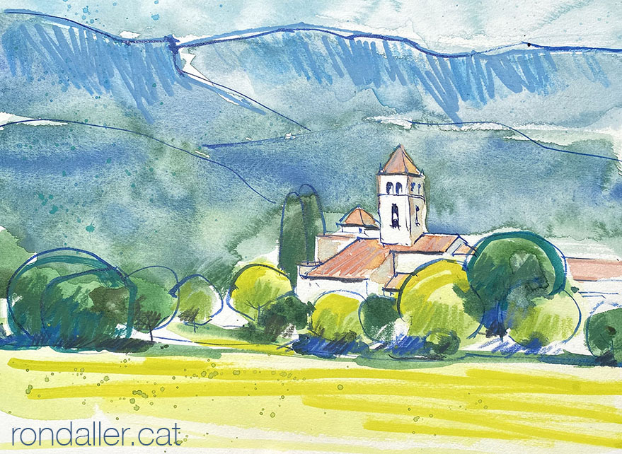 Aquarel·la amb una panoràmica de l'església de Sant Vicenç.