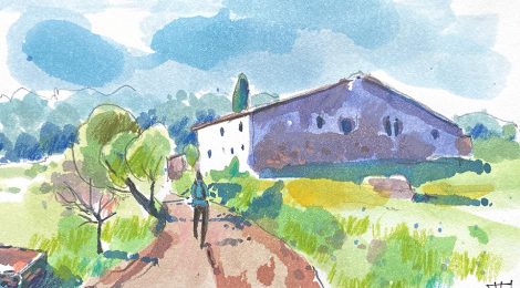 Aquarel·la amb una panoràmica de la masia de Can Bell.