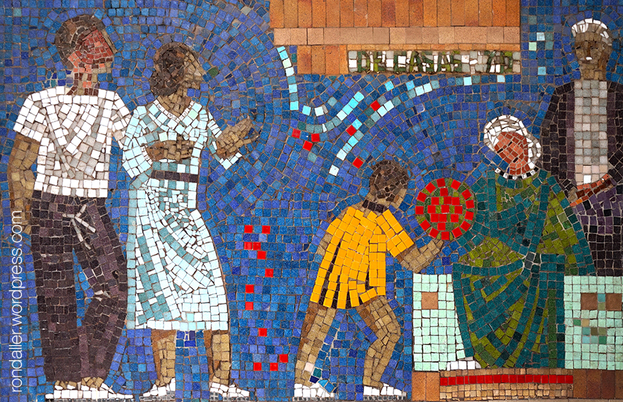 Mosaic de La Caixa a Terrassa. Representació d'un infant amb uns ancians.