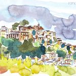 Aquarel·la amb una panoràmica de Corbera de Llobregat, al Baix Llobregat.