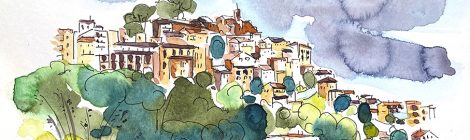 Aquarel·la amb una panoràmica de Corbera de Llobregat, al Baix Llobregat.