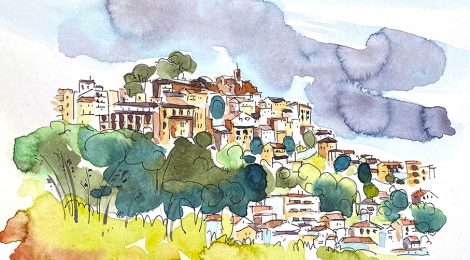 Aquarel·la amb una panoràmica de Corbera de Llobregat, al Baix Llobregat.