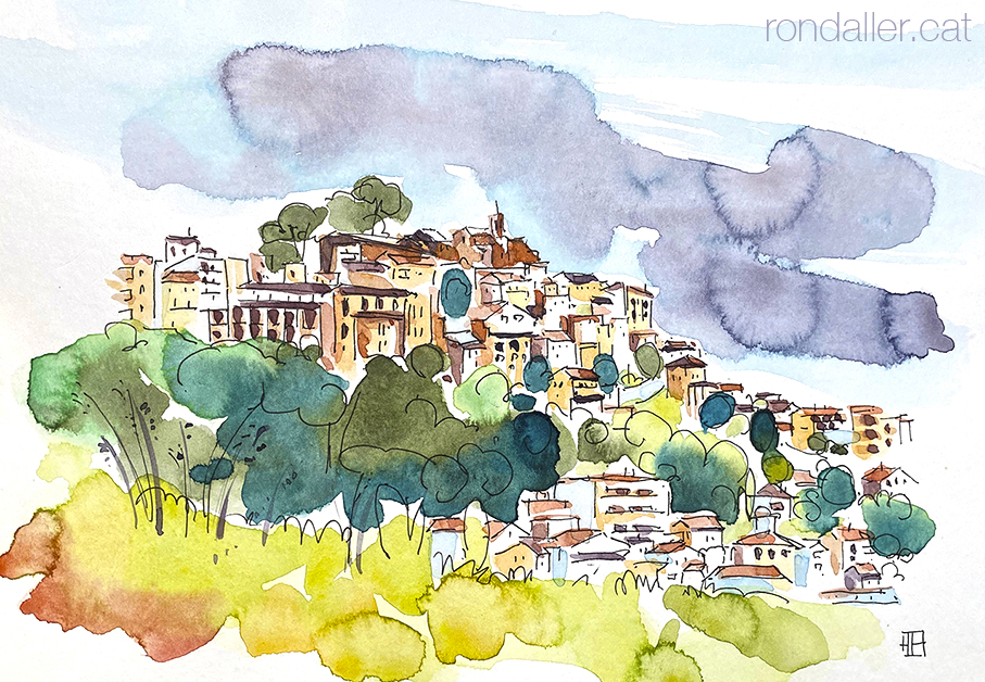 Aquarel·la amb una panoràmica de Corbera de Llobregat, al Baix Llobregat.