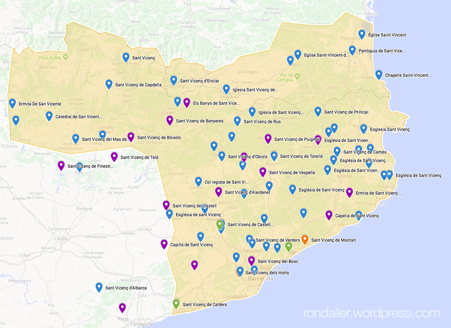 Mapa dels indrets de la Catalunya Vella dedicats a Sant Vicenç.