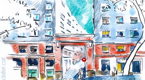 Aquarel·la amb una panoràmica de l'entrada al passatge de la Caixa d'Estalvis. Barcelona