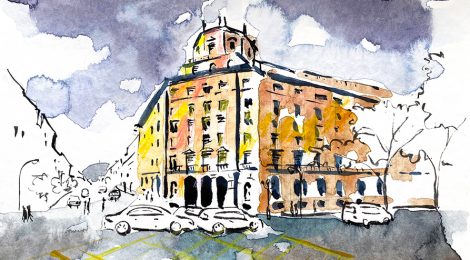 Aquarel·la de l’antic Institut Nacional de Previsió de Barcelona, actualment seu de l’ICS.