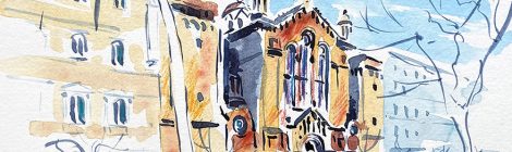 Aquarel·la de l’església del Sagrat Cor dels Jesuïtes de Barcelona projectada per Joan Martorell