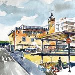 Aquarel·la de l’Ajuntament i la plaça del Mercat de Sant Feliu de Guíxols (Baix Empordà).