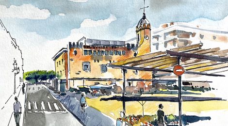 Aquarel·la de l’Ajuntament i la plaça del Mercat de Sant Feliu de Guíxols (Baix Empordà).
