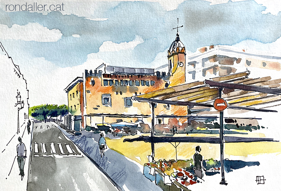 Aquarel·la de l’Ajuntament i la plaça del Mercat de Sant Feliu de Guíxols (Baix Empordà).