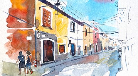 Aquarel·la del carrer Sant Ramon de Vilassar de Mar (Maresme).