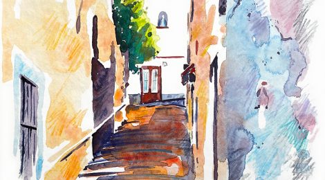 Aquarel·la de les escales del Sant Crist a Canet de Mar (Maresme), projectades per Josep Cabruja el 1914.