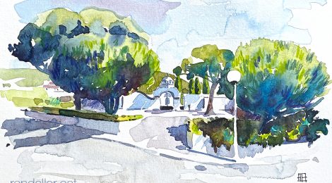 Aquarel·la de l'entrada del cementiri de Cabrera de Mar (Maresme).