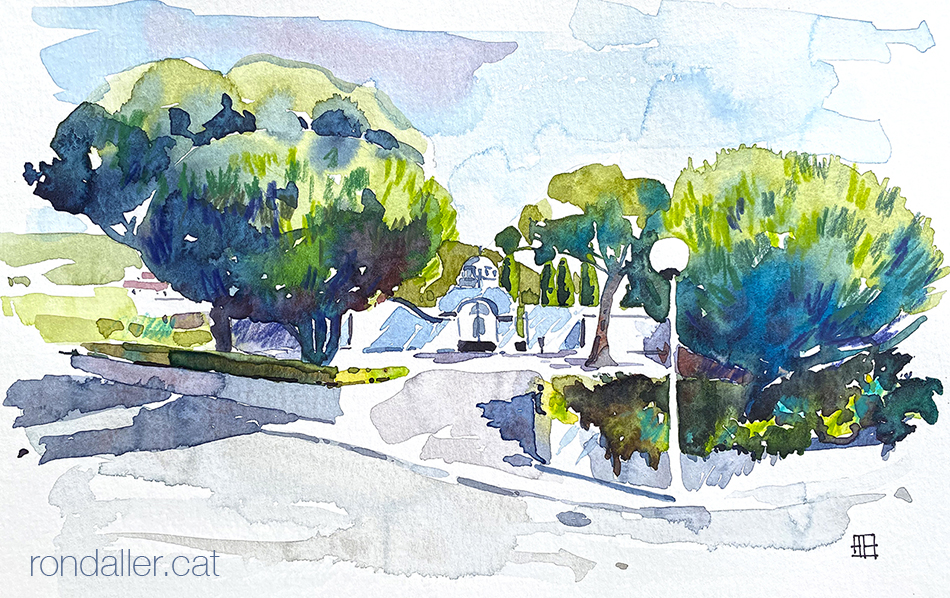 Aquarel·la de l'entrada del cementiri de Cabrera de Mar (Maresme).