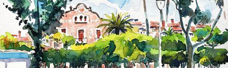 Aquarel·la amb la panorámica de la masia de Can Cabot de Vilassar de Mar (Maresme).