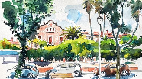 Aquarel·la amb la panorámica de la masia de Can Cabot de Vilassar de Mar (Maresme).