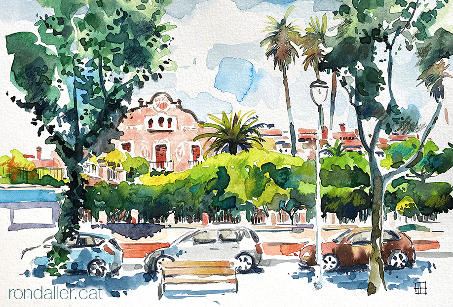 Aquarel·la amb la panorámica de la masia de Can Cabot de Vilassar de Mar (Maresme).