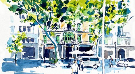 Aquarel·la de la Casa Casaramona, projectada el 1924 per Puig i Cadafalch al passeig de Gràcia.