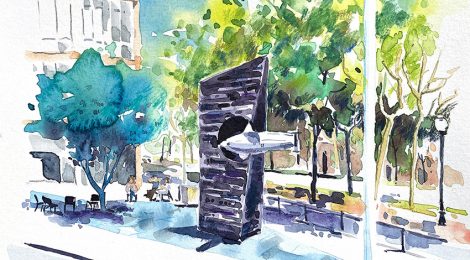 Aquarel·la del monument a Narcís Monturiol a Barcelona, realitzat el 1963 per Subirachs.