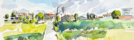 Aquarel·la de Sant Bartomeu del Grau, situat a l'altiplà del Lluçanès, dins la comarca d'Osona.