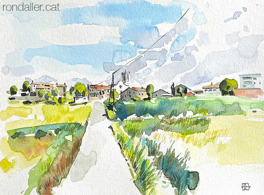 Aquarel·la de Sant Bartomeu del Grau, situat a l'altiplà del Lluçanès, dins la comarca d'Osona.