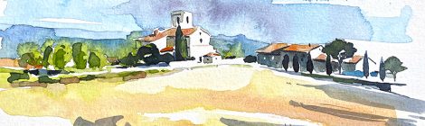 Aquarel·la de Sant Fruitós de Balenyà o santuari de la Mare de Déu de l'Ajuda a Osona.