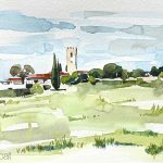 Aquarel·la amb una panoràmica de Santa Agnès de Malanyanes (Vallès Oriental).