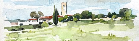 Aquarel·la amb una panoràmica de Santa Agnès de Malanyanes (Vallès Oriental).