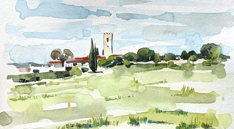 Aquarel·la amb una panoràmica de Santa Agnès de Malanyanes (Vallès Oriental).