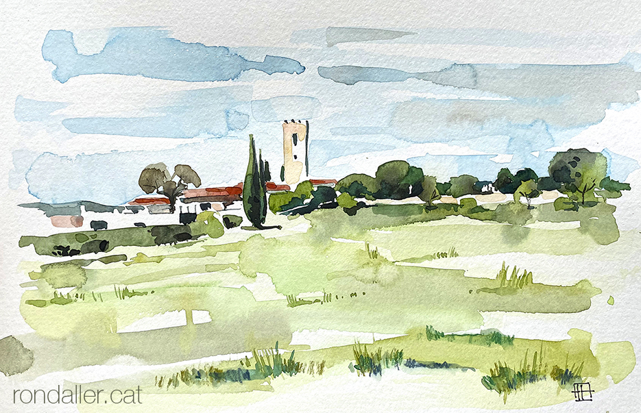 Aquarel·la amb una panoràmica de Santa Agnès de Malanyanes (Vallès Oriental).