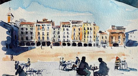 Aquarel·la de la plaça Major o Mercadal de Vic amb l'edifici de Can Girbal.