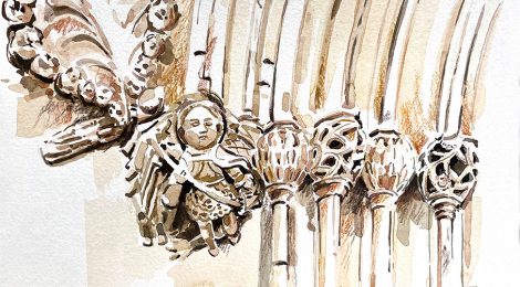 Aquarel·la de l’antic portal gòtic de l’església de Vilassar de Dalt, amb Sant Miquel matant el drac.