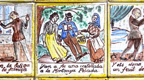 Rajoles de l'Auca del Senyor Esteve al carrer Petritxol, realitzades per Jordi Aguadé.
