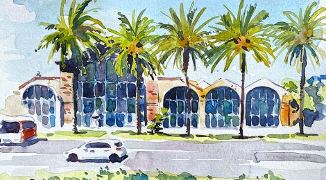 Aquarel·la de l'edifici de les Drassanes, actualment seu del Museu Marítim de Barcelona.