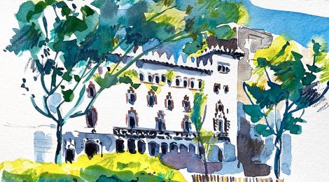 Aquarel·la de la Casa Macaya, edifici modernista projectat per Puig i Cadafalch a Barcelona.
