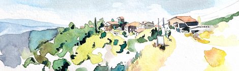Aquarel·la amb una panorámica de la població i l’entorn natural de Tavertet (Osona).