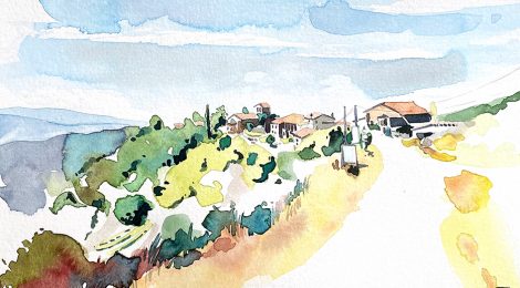 Aquarel·la amb una panorámica de la població i l’entorn natural de Tavertet (Osona).