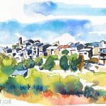 Aquarel·la amb una panoràmica de la vila medieval d'Estamariu a l'Urgellet, Alt Urgell.