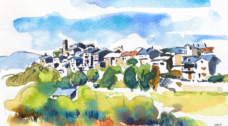 Aquarel·la amb una panoràmica de la vila medieval d'Estamariu a l'Urgellet, Alt Urgell.