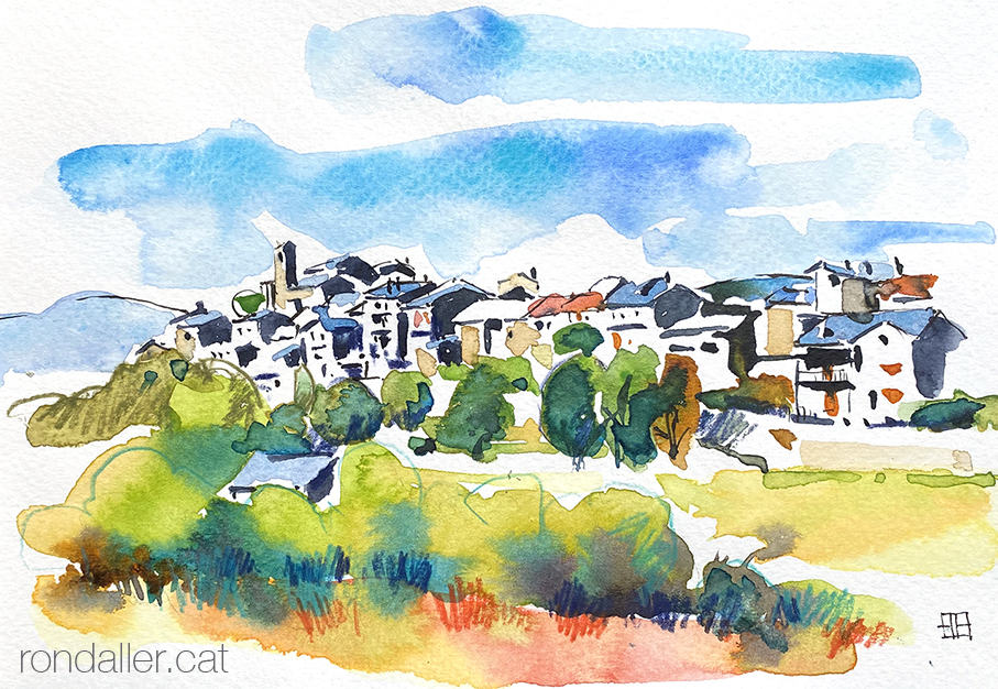 Aquarel·la amb una panoràmica de la vila medieval d'Estamariu a l'Urgellet, Alt Urgell.