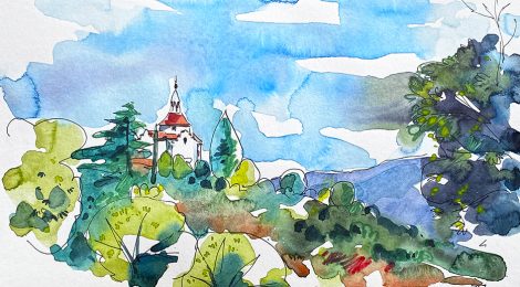 Ermita de Sant Antoni del Tossal. Aquarel·la amb la panoràmica que l'envolta.