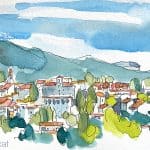 Aquarel·la amb una panoràmica de Viladrau a Osona, població envoltada de natura.