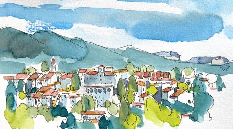 Aquarel·la amb una panoràmica de Viladrau a Osona, població envoltada de natura.