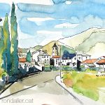 Aquarel·la amb una panoràmica de Vilaller, a l'Alta Ribagorça.