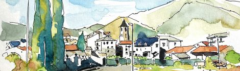 Aquarel·la amb una panoràmica de Vilaller, a l'Alta Ribagorça.