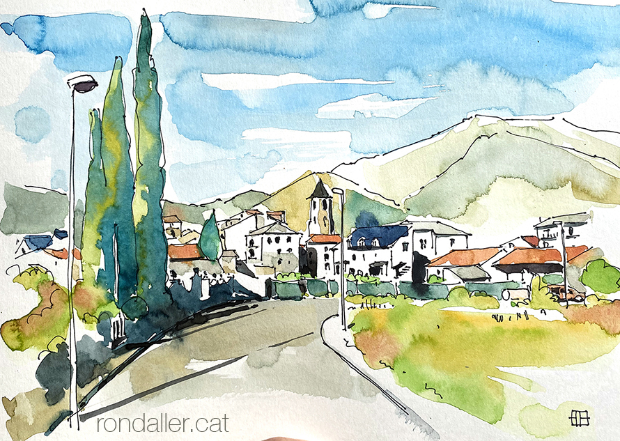 Aquarel·la amb una panoràmica de Vilaller, a l'Alta Ribagorça.