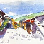 Aquarel·la d'un dels carrers d'Arsèguel, al Baridà (Alt Urgell).